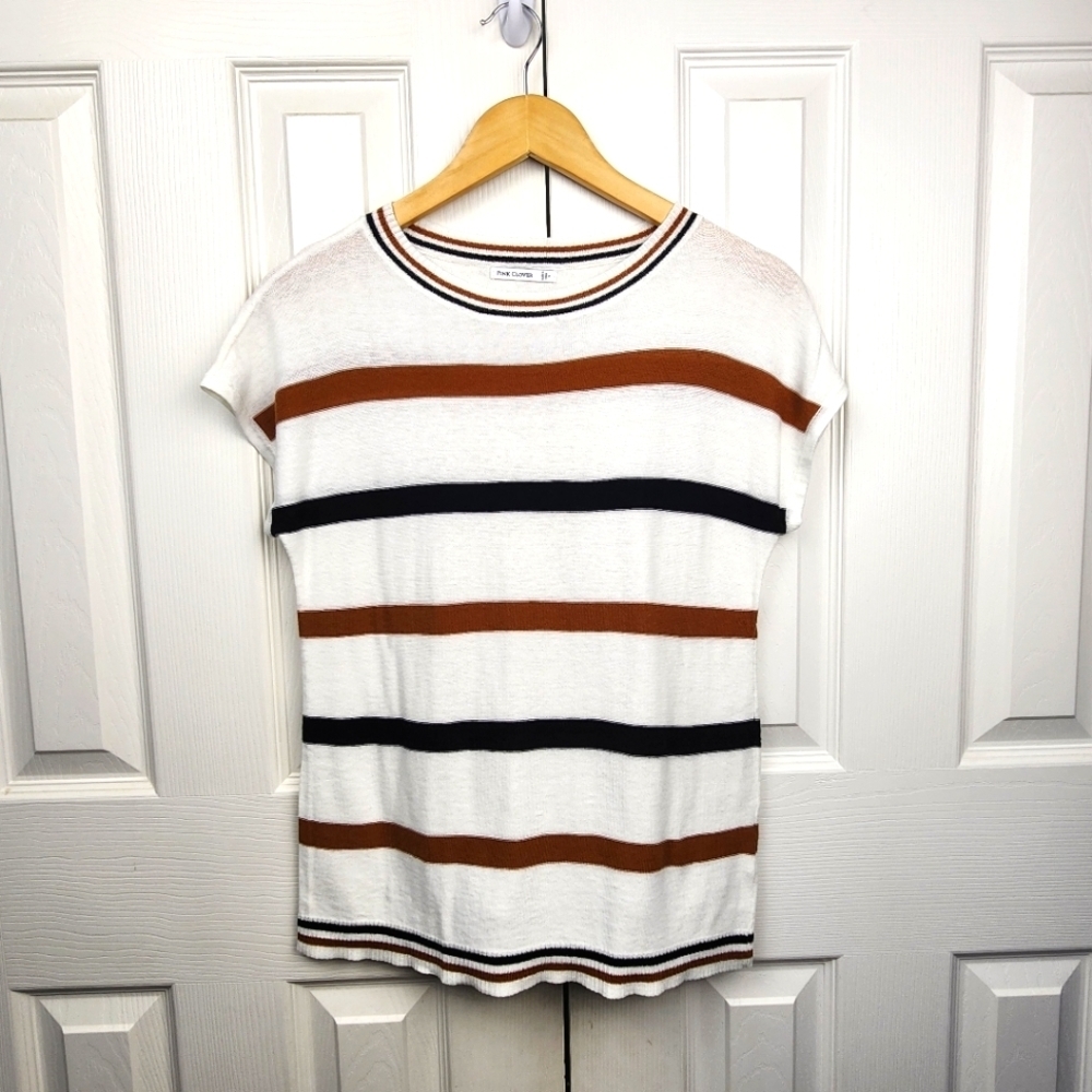 Pink Clover Short Sleeved Knit Brown and Black Striped Top Size Small